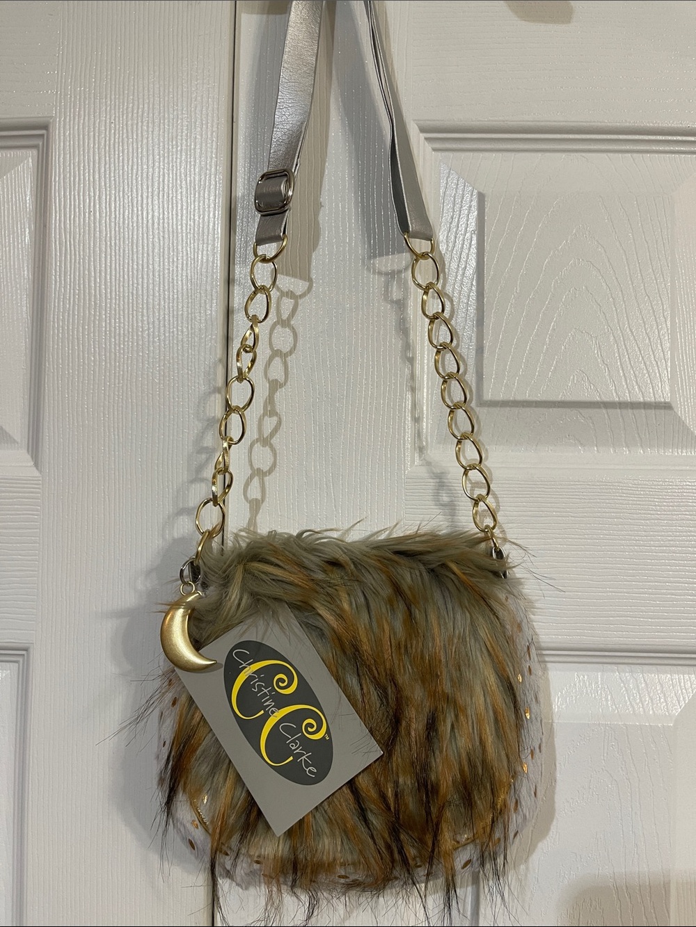 Christina Faux Fur Crossbody Bag - Gray & Brown with Gold Chain